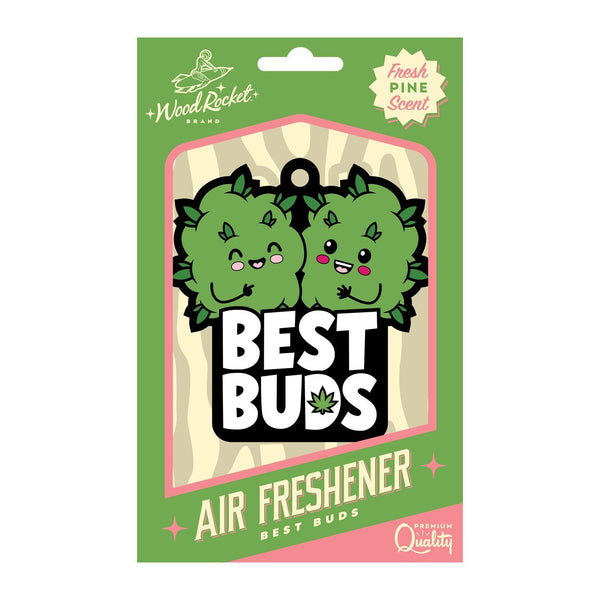 Wood Rocket Best Buds pine-scented air freshener in green and pink retail packaging