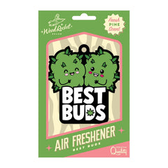 Wood Rocket Best Buds pine-scented air freshener in green and pink retail packaging