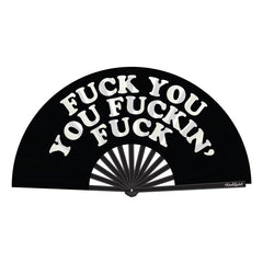 Wood Rocket black folding fan with bold white novelty phrase printed across face
