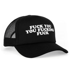 Wood Rocket black trucker hat with bold white embroidered text on foam front panel