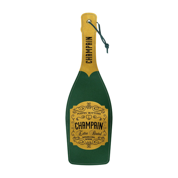 Wood Rocket Champain Paddle in green and gold faux leather, champagne bottle shape with decorative label