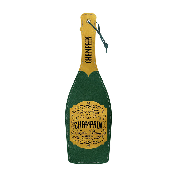 Wood Rocket Champain Paddle in green and gold faux leather, champagne bottle shape with decorative label