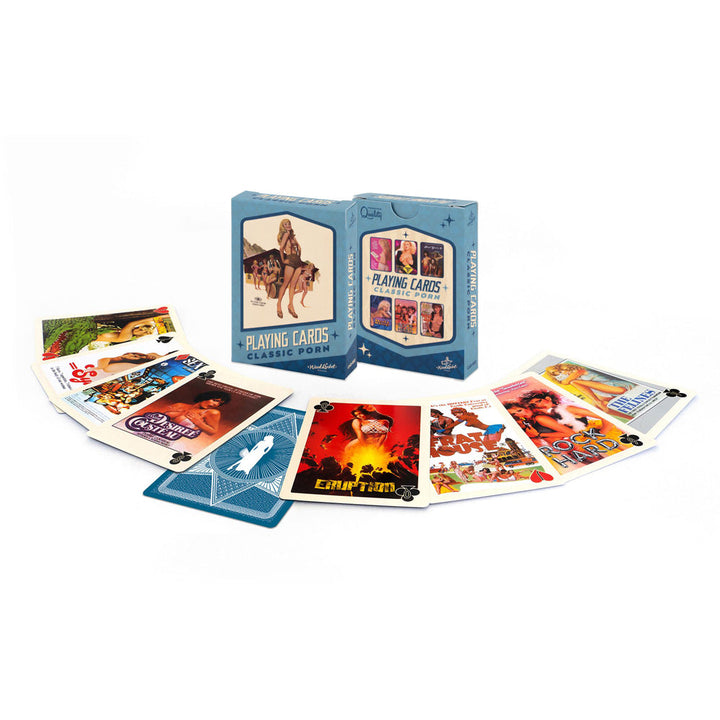 Wood Rocket Classic Porn Playing Cards deck with box and fanned retro movie-art cards displayed