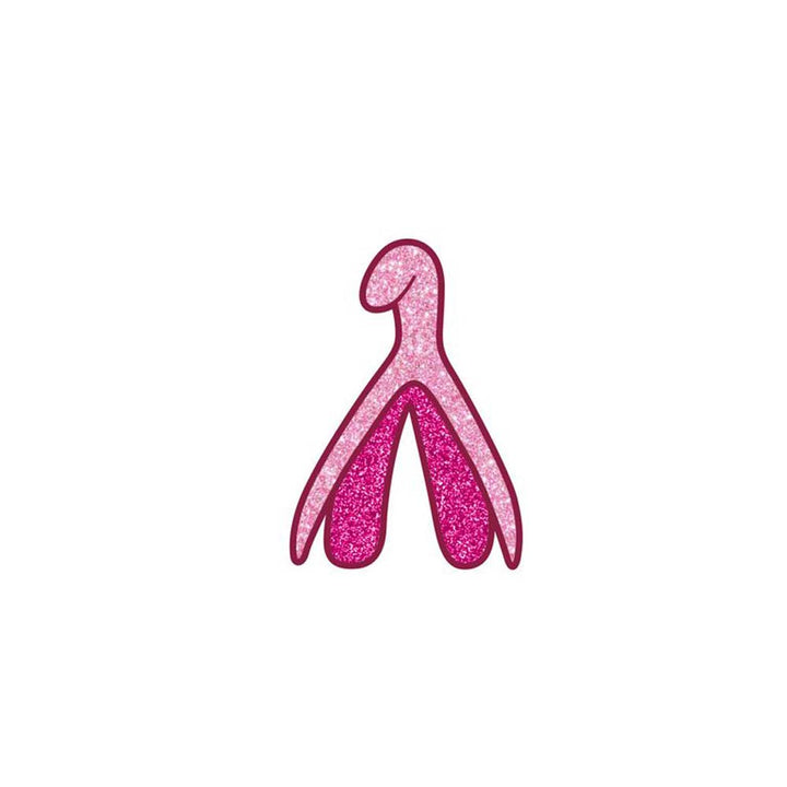 Wood Rocket clitoris enamel pin in sparkly pink glitter with dark pink outlined border