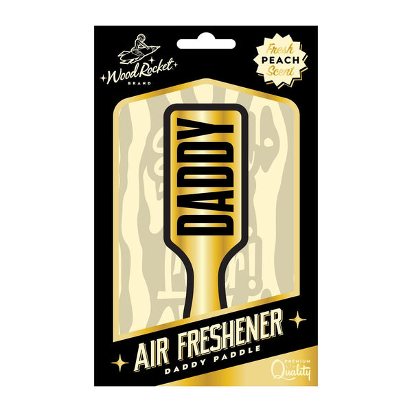 Wood Rocket Daddy Paddle air freshener in black and gold packaging, fresh peach scent