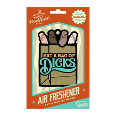 Wood Rocket Eat A Bag Of Dicks air freshener in retro orange retail packaging, fresh banana scent