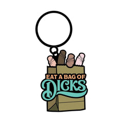 Wood Rocket Eat A Bag Of Dicks enamel keychain, novelty bag design with colourful figures