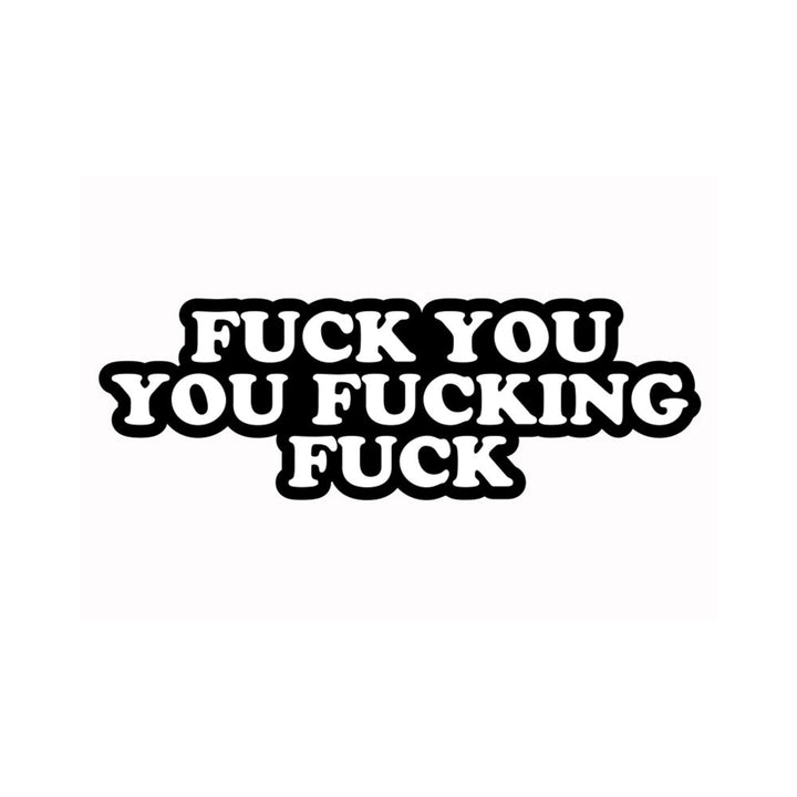 Wood Rocket enamel pin with bold white text on black reading Fuck You You Fucking Fuck