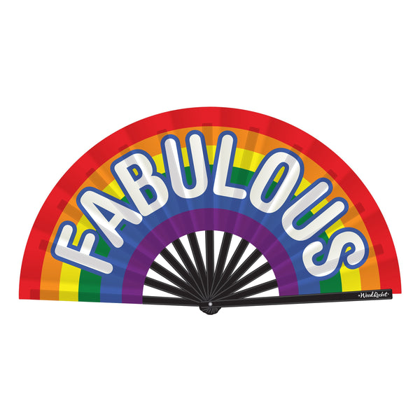 Wood Rocket Fabulous Fan open, showing rainbow arc design with bold white lettering