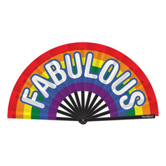 Wood Rocket Fabulous Fan open, showing rainbow arc design with bold white lettering