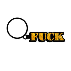 Wood Rocket FUCK enamel keychain with gold glitter lettering and black metal outline