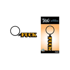 Wood Rocket FUCK keychain shown beside its retail packaging with orange gradient design
