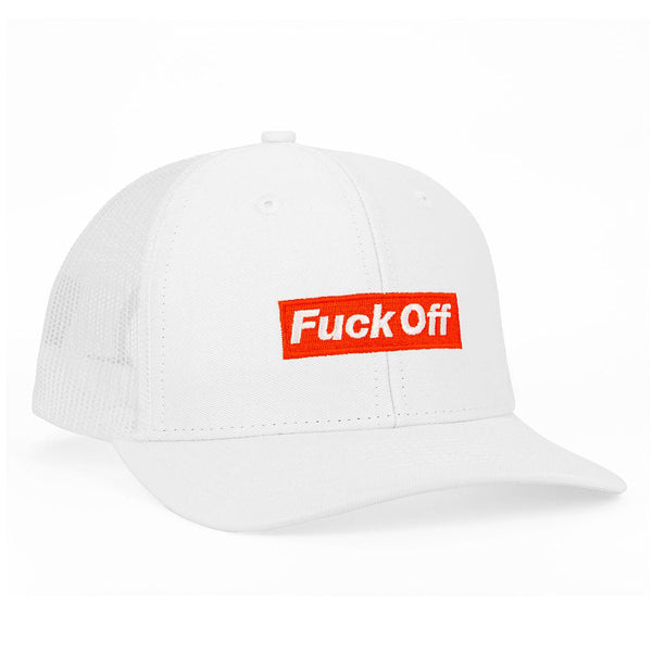 Wood Rocket Fuck Off white trucker hat, angled view showing embroidered red box logo patch