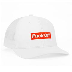 Wood Rocket Fuck Off white trucker hat, angled view showing embroidered red box logo patch