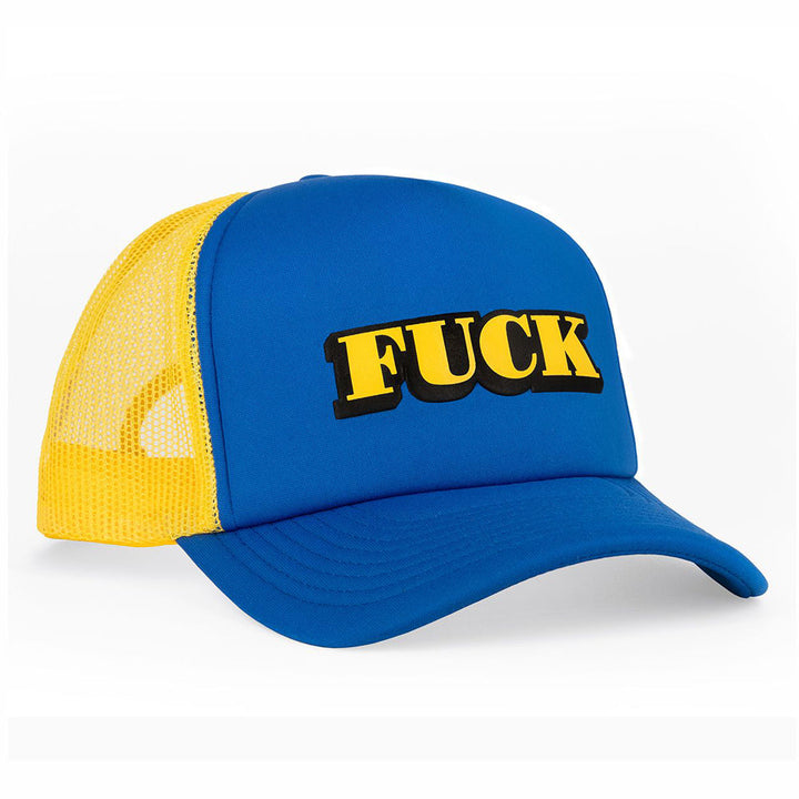 Wood Rocket FUCK Trucker Hat, blue foam front with bold yellow embroidered patch, angled view