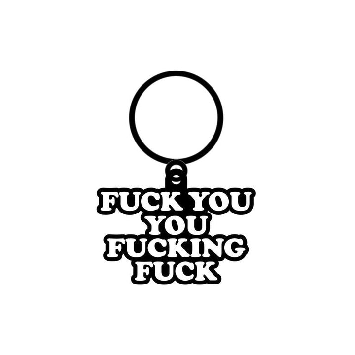 Wood Rocket Fuck You You Fucking Fuck black enamel keychain, front view on white