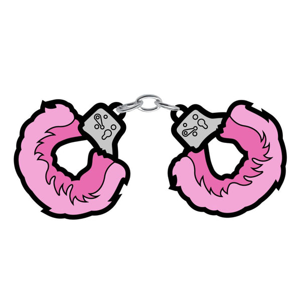 Wood Rocket fuzzy handcuffs enamel pin in pink with silver lock details on white background