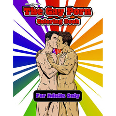 Wood Rocket Gay Porn Coloring Book cover featuring two men embracing against a rainbow burst background