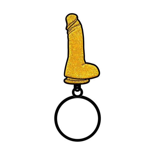 Wood Rocket gold glitter dildo keychain with black metal ring, front view
