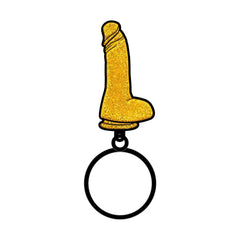 Wood Rocket gold glitter dildo keychain with black metal ring, front view