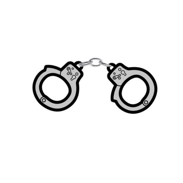 Wood Rocket grey and black enamel handcuffs pin with bold cartoon-style outline