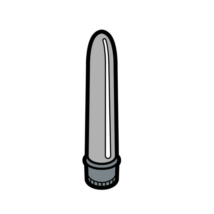 Wood Rocket grey vibrator enamel pin, smooth silver-toned bullet shape with ridged base
