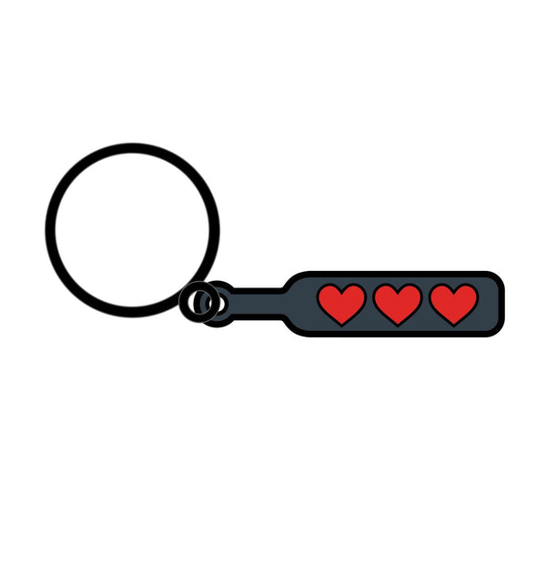 Wood Rocket Hearts Paddle enamel keychain with three red hearts on dark gray fob