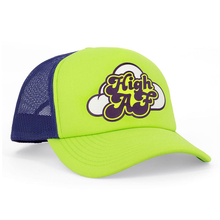 Wood Rocket High AF neon green and navy trucker hat, angled side view showing mesh back panel