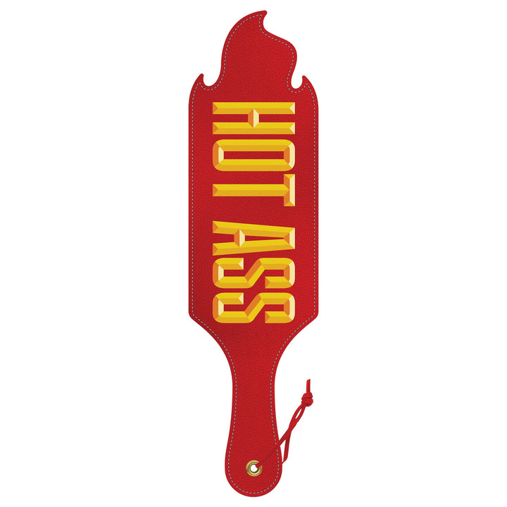 Wood Rocket Hot Ass Paddle in red vegan leather with bold yellow embossed lettering, flame-shaped top