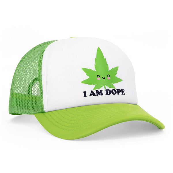 Wood Rocket I Am Dope trucker hat in green and white with kawaii cannabis leaf graphic, side view