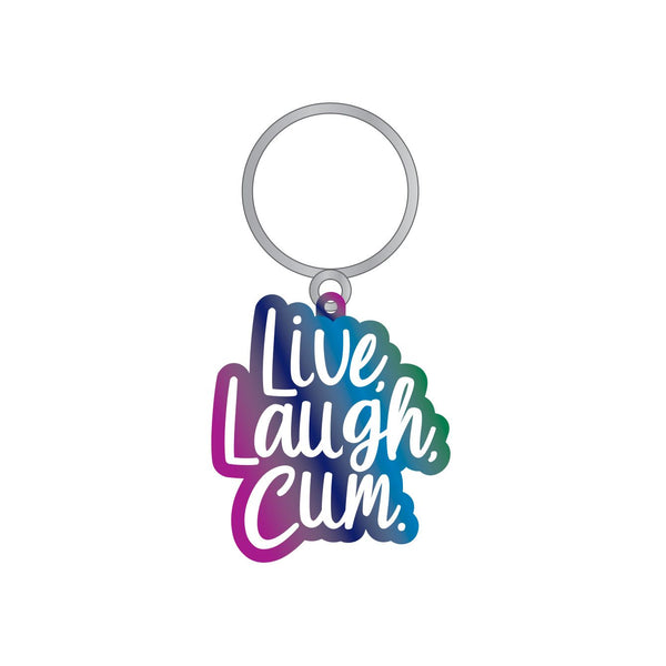 Wood Rocket Live Laugh Cum enamel keychain with rainbow gradient finish on silver ring