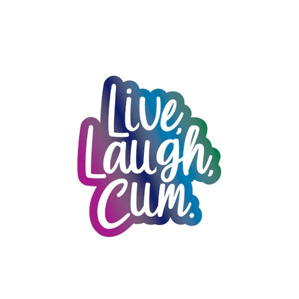 Wood Rocket Live Laugh Cum enamel pin design in vibrant rainbow gradient script lettering