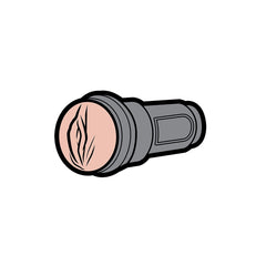 Wood Rocket LLC enamel pin shaped like a stroker sex toy, shown in grey and pink tones