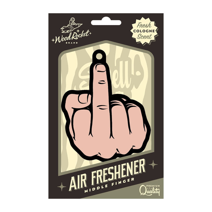 Wood Rocket middle finger air freshener in retro-style packaging with fresh cologne scent label