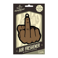 Wood Rocket middle finger brown air freshener in retro-style cologne-scented packaging