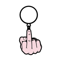 Wood Rocket middle finger enamel keychain with black metal ring, pink hand design