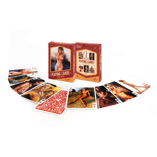 Wood Rocket Nude Playing Cards deck fanned out beside red printed box on white surface