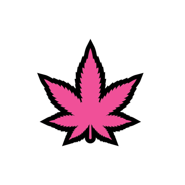 Wood Rocket pink and black enamel cannabis leaf pin with bold outlined design