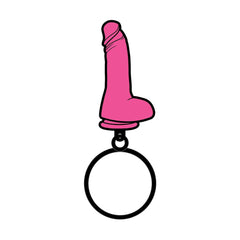 Wood Rocket pink dildo enamel keychain with black metal ring, front view