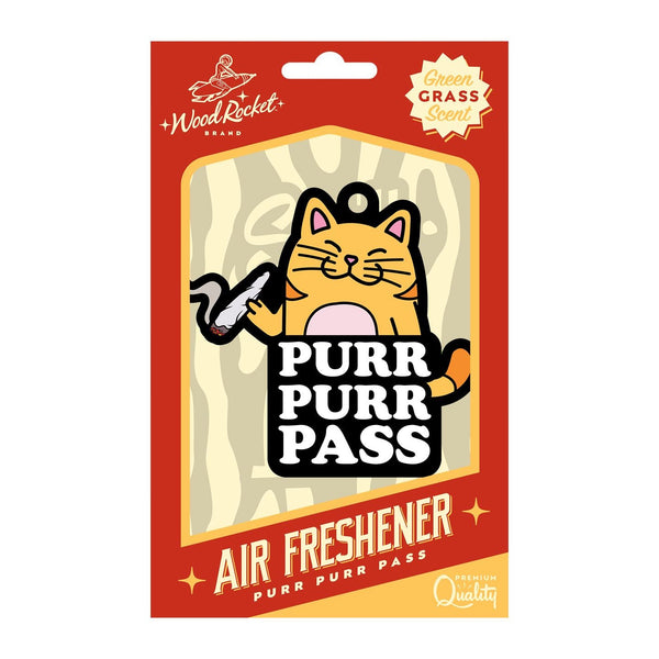Wood Rocket Purr Purr Pass car air freshener in red retail packaging, Green Grass scent