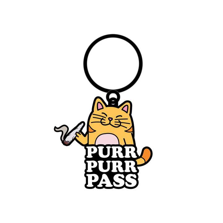 Wood Rocket Purr Purr Pass enamel keychain featuring an orange cat holding a joint