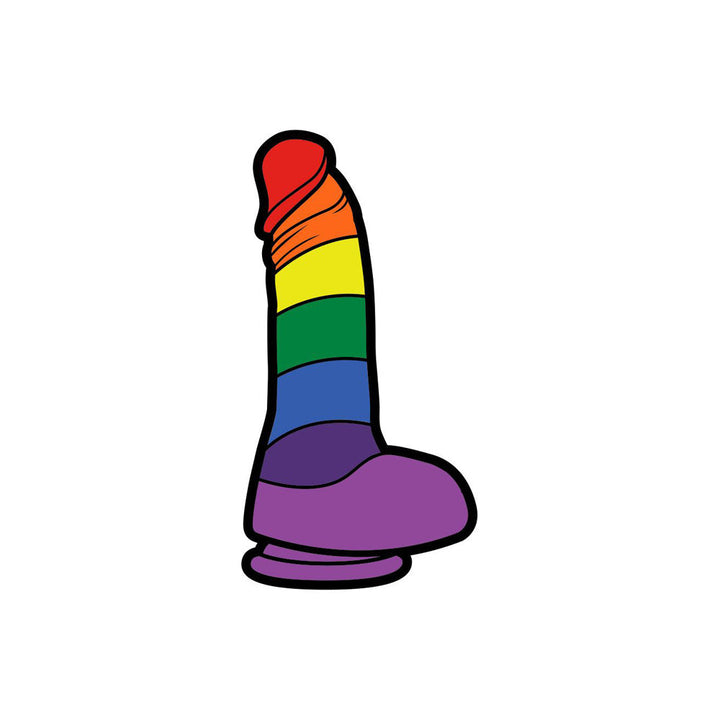 Wood Rocket rainbow dildo enamel pin with vibrant striped colour bands on white background