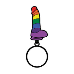 Wood Rocket rainbow dildo keychain with vibrant striped enamel charm on a black metal ring
