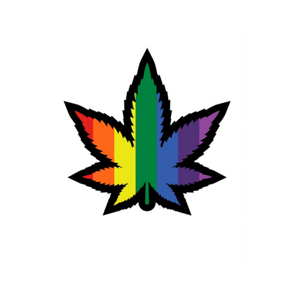 Wood Rocket rainbow enamel weed leaf pin with bold black outline and multicolor pride stripes