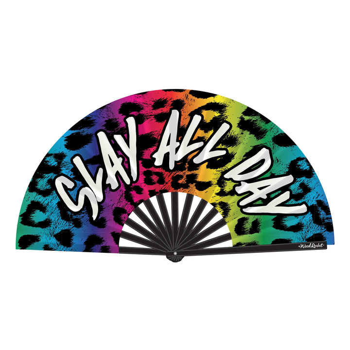 Wood Rocket Slay All Day Fan open showing rainbow leopard print with black bamboo ribs