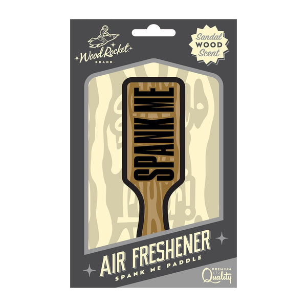 Wood Rocket Spank Me Paddle air freshener in grey retail packaging, sandalwood scent
