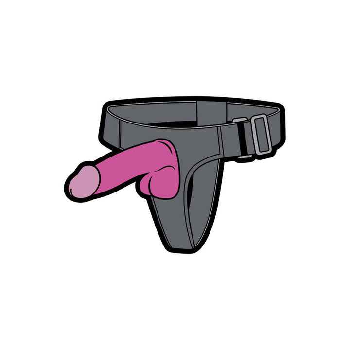 Wood Rocket strap-on enamel pin in grey and pink, detailed front view of harness design