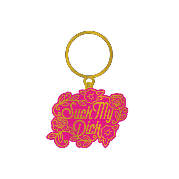 Wood Rocket Suck My Dick enamel keychain in pink and gold with floral design
