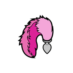 Wood Rocket tail butt plug enamel pin in vibrant pink faux-fur design with silver plug charm
