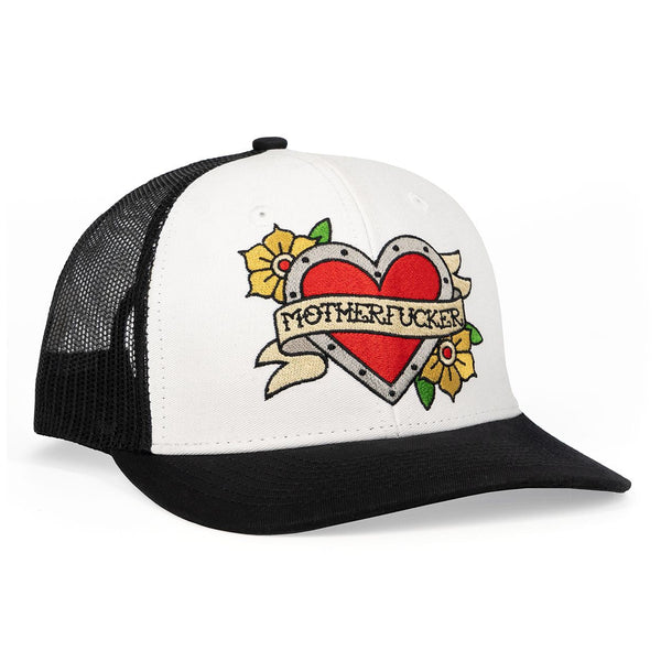 Wood Rocket tattoo heart trucker hat, white front panel with black mesh back, side angle view